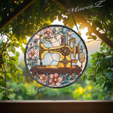 Vintage Sewing Machine Stained Glass Suncatcher: Floral Quilting Decor